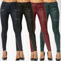 Mode demi-taille Fermeture éclair avant Pantalons en cuir PU slim fit
