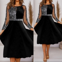 Sexy See-through Gauze Sequin Spliced Long Sleeve Round Neck High Waist  Dress