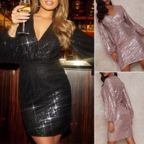Sexy Deep V-neck Lantern Sleeve Irregular Hem Slim Fit Sequin Party Dress
