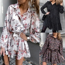 Fresh Style Long Sleeve POLO Collar Tie-belt Printed Shirt Dress