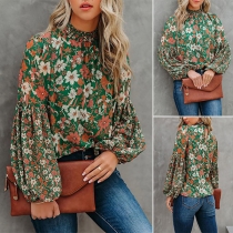 Fresh Style Lantern Sleeve Stand Collar Loose Printed Top