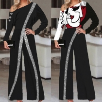 Sexy Oblique Shoulder Long Sleeve Sequin Spliced Wide-leg Jumpsuit