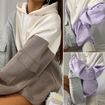 Fashion Contrast Color Pocket Long Sleeve Hooded Loose Sweatshirt