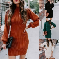 Fashion Solid Color Lantern Sleeve Mock Neck SLim Fit Knit Dress