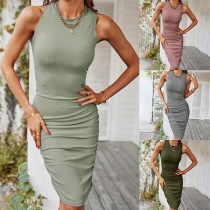 Simple Style Sleeveless Round Neck Solid Color Slim Fit Tank Dress