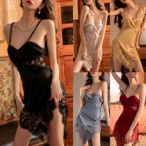 Sexy Backless V-neck Irregular Hem Lace Spliced Sling Nightwear Dress