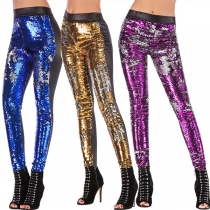 Fashion Middle Waist Slim Fit Discolor Sequin Stretch Leggings
