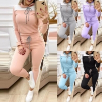 Fashion Contrast Color Drawstring Hooded Sweatshirt + Pants Sports Suit