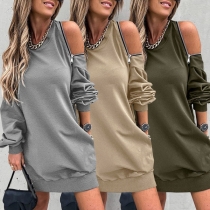 Sexy Zipper Off-shoulder Long Sleeve Round Neck Loose Sweatshirt Dress