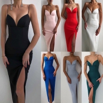 Sexy Backless V-neck Slit Hem Solid Color Slim Fit Sling Dress