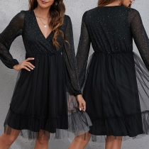 Sexy See-through Gauze Spliced Long Sleeve Deep V-neck Star Sequin Dress
