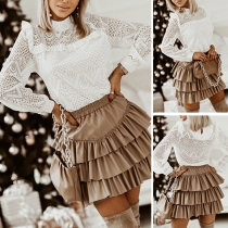 Sweet Style Long Sleeve Mock Neck Hollow Out Lace Loose Top
