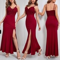 Sexy Backless V-neck Slit Hem Lace Spliced Sling Party Dress