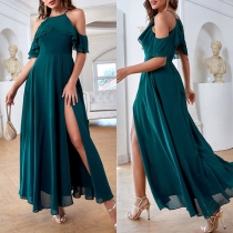 Sexy Off-shoulder Short Sleeve Slit Hem High Waist Chiffon Party Dress