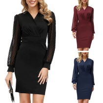 Elegant Solid Color Gauze Spliced Long Sleeve V-neck Slim Fit Dress