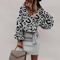 Sexy V-neck Lantern Sleeve Leopard Printed Spliced Tie-belt Dress