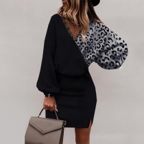 Sexy Lace Spliced V-neck Lantern Sleeve Leopard Printed Spliced Slim Fit Dress