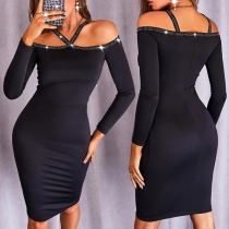 Sexy Off-shoulder Long Sleeve Slim Fit Rhinestone Spliced Halter Party Dress