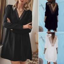Sexy Backless V-neck Long Sleeve Solid Color Lace Spliced Loose Dress