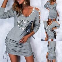 Sexy Long Sleeve V-neck Side-drawstring Sequin Spliced Lip Pattern Slim Fit Dress