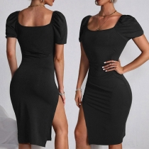 Sexy Slit Hem Short Sleeve Square Collar Solid Color Slim Fit Dress