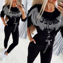 Fashion Rhinestone Spliced Long Sleeve Round Neck Sweatshirt + Pants Two-piece Set