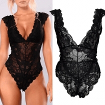 Sexig rygglös djup V-ringad genomskinlig spets Bodysuit Underkläder