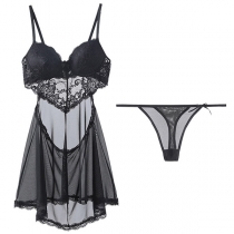 Sexig transparent spetskantad Slip Nattklänning + T-string + långärmad kofta, tre delar