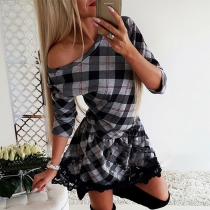Sexy Oblique Shoulder Long Sleeve Lace Spliced Hem Plaid Dress