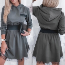 Fashion Contrast Color Long Sleeve Hooded Gauze Spliced Hem Dress