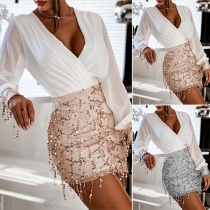 Sexy Deep V-neck Long Sleeve Sequin Spliced Slim Fit Dress