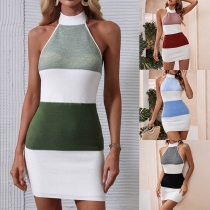 Sexy Backless Off-shoulder Contrast Color Stripe Slim Fit Halter Knit Dress