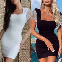 Sexy Rhinestone Tassel Short Sleeve Square Collar Slim Fit Dress
