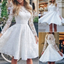 Sweet Style Long Sleeve Round Neck High Waist Lace Princess Dress