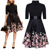 Retro Style Half Sleeve Ruffle Stand Collar Printed Hem Bow-knot Tie-belt Dress