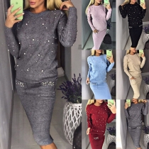 Fashion Long Sleeve Round Neck Pearl Inlaid Knit Top + Skirt Two-piece Set