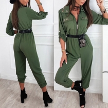 Chic stil långärmad jumpsuit med POLO-krage och dragkedja framtill