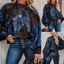 Retro stil Lantern Sleeve Lös tryckt Chiffong Top