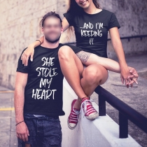 Casual stil kortärmad rund hals T-shirt med tryck av bokstäver för par