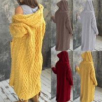 Mode Huva Lös Stickad Cardigan i Enfärgad Långärmad Stil