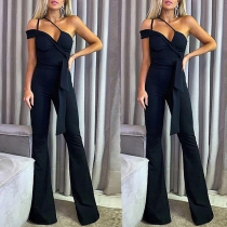 Sexig off-shoulder hög midja, enfärgad jumpsuit - Slim Fit Sling