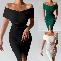 Sexig klänning med off-shoulder stil, båthals och slits i nederkant - Enfärgad Slim Fit