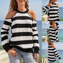 Sexig off-shoulder T-shirt med rund hals i kontrastfärg - långärmad