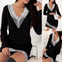 Sexig spetsig V-ringad klänning med oregelbunden fåll och långa ärmar - Slim Fit