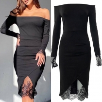 Sexig off-shoulder båthals långärmad spetsskarvad klänning med smal passform