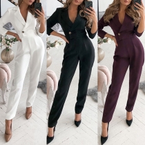 OL Stil Långärmad Skårad Lapel Hög midja Enfärgad Jumpsuit