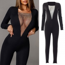 Rhinestone Djup V-ringad Långärmad Slit Ben Öppning Slim Fit Jumpsuit