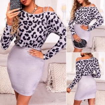Sexig sned axel Dolman Sleeve Leopardmönstrad Smidd åtsittande Klänning