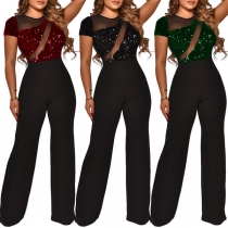 Sexig gasväv paljett Jumpsuit med skir skarv, kortärmad och rund hals