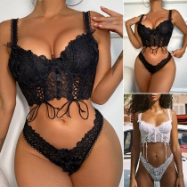 Sexigt Enfärgat Snörning Skirt Spetsunderkläder Set
